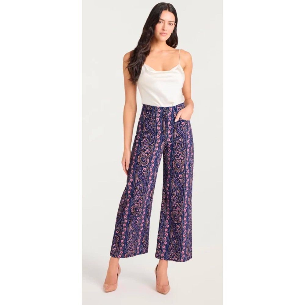 cinq a sept Wide Leg Palazzo‎ Pants Paisley Floral Print Blue Boho Festival 10